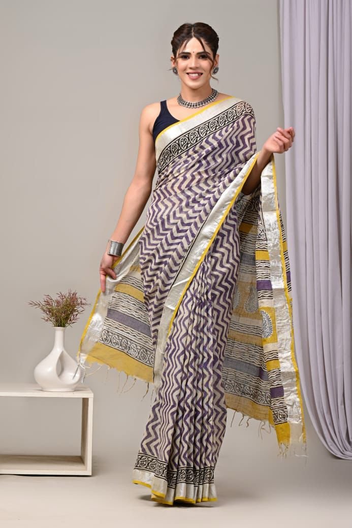 Hand Block Printed Linen Saree with Blouse